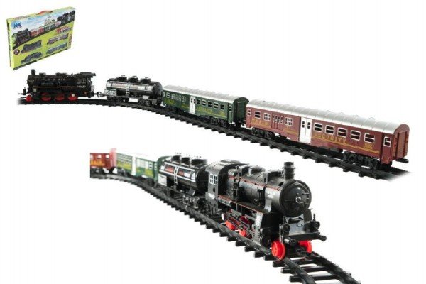 Levně Vlak + 3 vagóny s kolejemi 24ks plast na baterie se světlem se zvukem v krabici 59x39x6cm