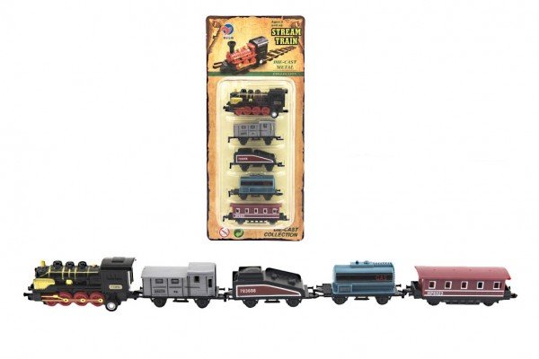 Levně Vlak/lokomotiva a vagóny 5ks kov/plast 8cm na zpětné natažení 4 druhy na kartě