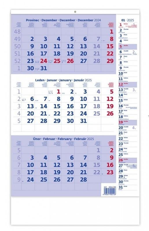 Levně Kalendář nástěnný 2025 - Tříměsíční modrý s poznámkami