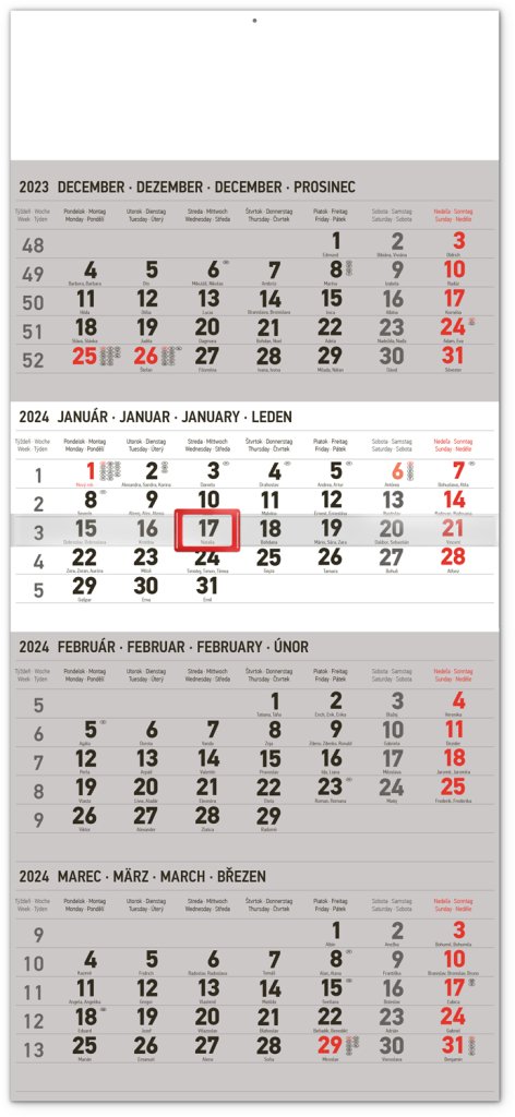 Levně Nástenný kalendár 4-mesačný štandard 2024, 29,5 × 57 cm