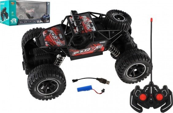 Levně Auto RC Off-Road vypouštějící páru plast 26cm 27MHz dobíjecí pack+baterie se světlem červené v krab.