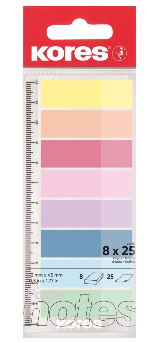 Levně Kores Pastelové záložky Index Strips na pravítku - 8 barev (25 lístků každé barvy)