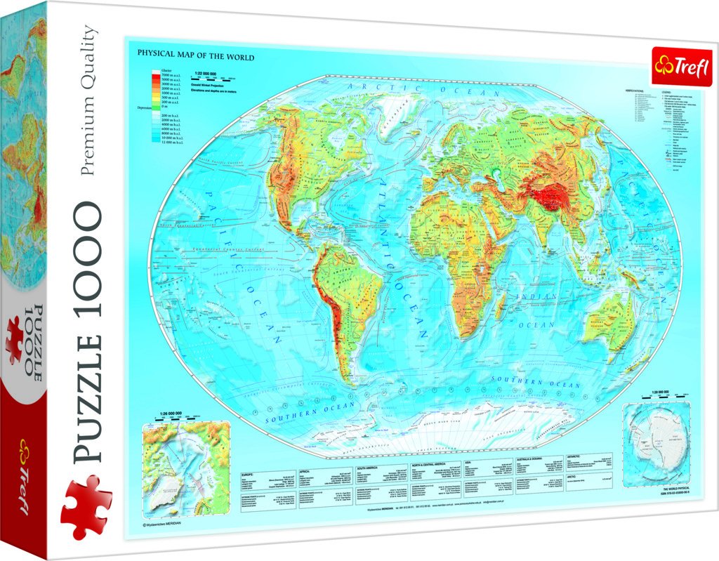 Puzzle Fyzická mapa světa 1000 dílků - Trigo