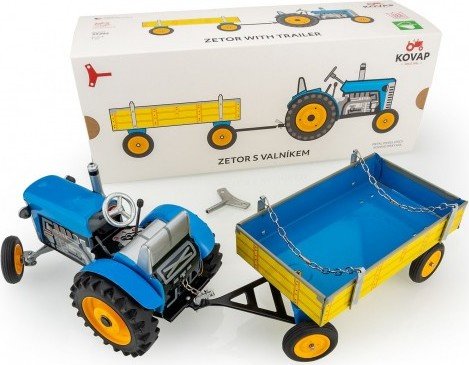 Levně Traktor Zetor s valníkem modrý na klíček kov 1:25 v krabičce 32x13x11cm Kovap