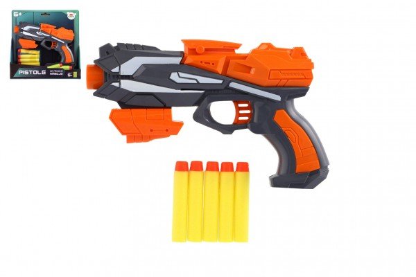 Levně Pistole oranžová na pěnové náboje 20x14cm plast + 5ks nábojů oranžová na kartě