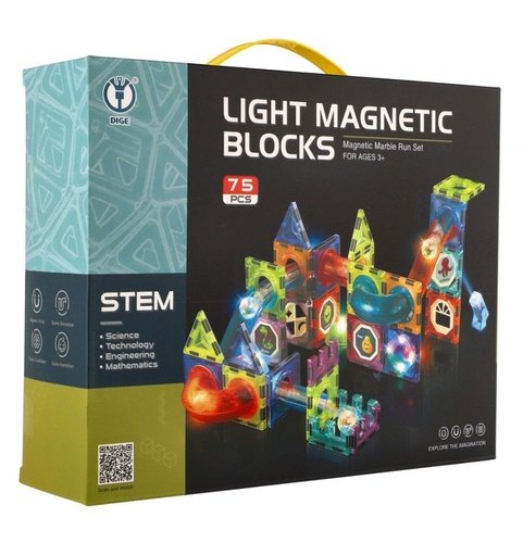 Levně Kuličková dráha magnetická plast 75ks 8 kuliček + doplňky na baterie se světlem v krabici 31x25x8cm