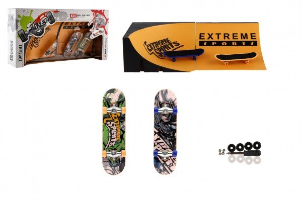 Levně Skateboard prstový šroubovací 2ks plast 10cm s rampou s doplňky 2 barvy v krabičce 35x9x18cm