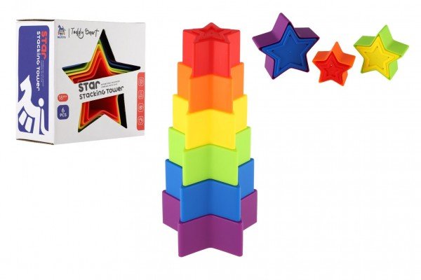 Levně Věž/Pyramida hvězda barevná stohovací skládačka 6ks plast v krabičce 12x12x6,5cm 18m+