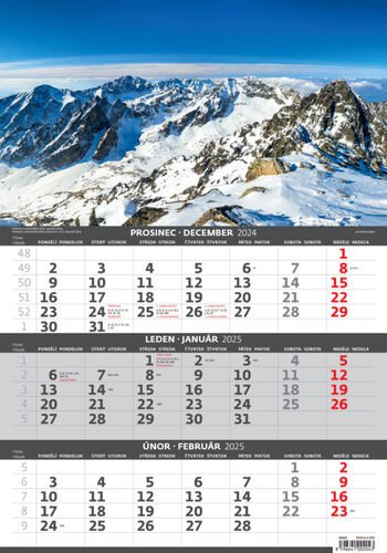 Levně Kalendář nástěnný 2025 - Hory 3měsíční / Hory 3mesačné