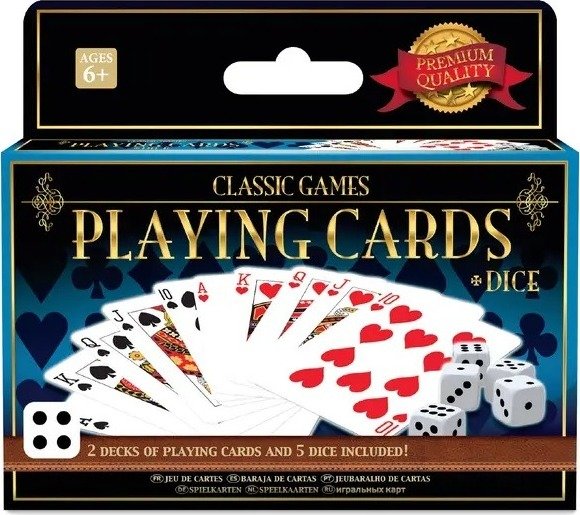 Klasické hry – 2 balíčky hracích karet a 5 kostek - Sparkys