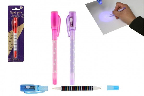 Tajné pero s neviditelným inkoustem a ÚV světlem + propiska plast 15cm na baterie 4 barvy na kartě