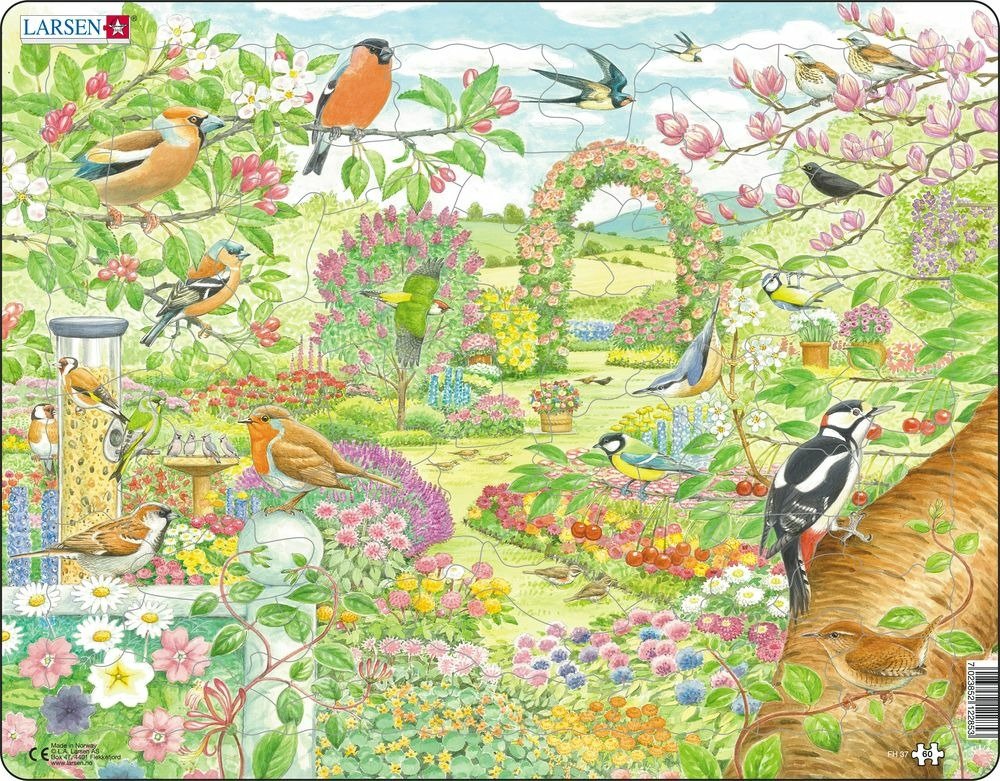 Puzzle MAXI - Ptáčkové a květiny na zahradě/60 dílků - Visiodan Kohoutová