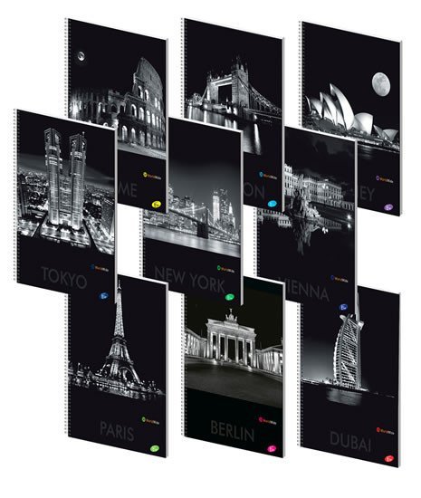 Levně Poznámkový blok - Metropole v noci, A4, 70 g, 70 listů, linka, mix 9 motivů