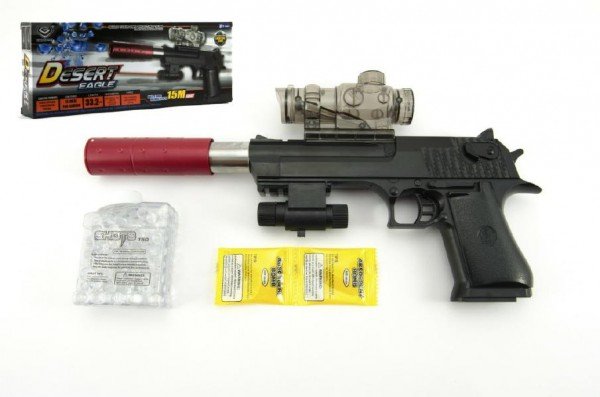 Levně Pistole plast/kov 33cm na vodní kuličky + náboje 9-11mm na baterie se světlem v krabici 34x13x4cm