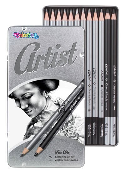 Levně Artist - kreslířská sada grafitových tužek a uhlů kulaté kovový box