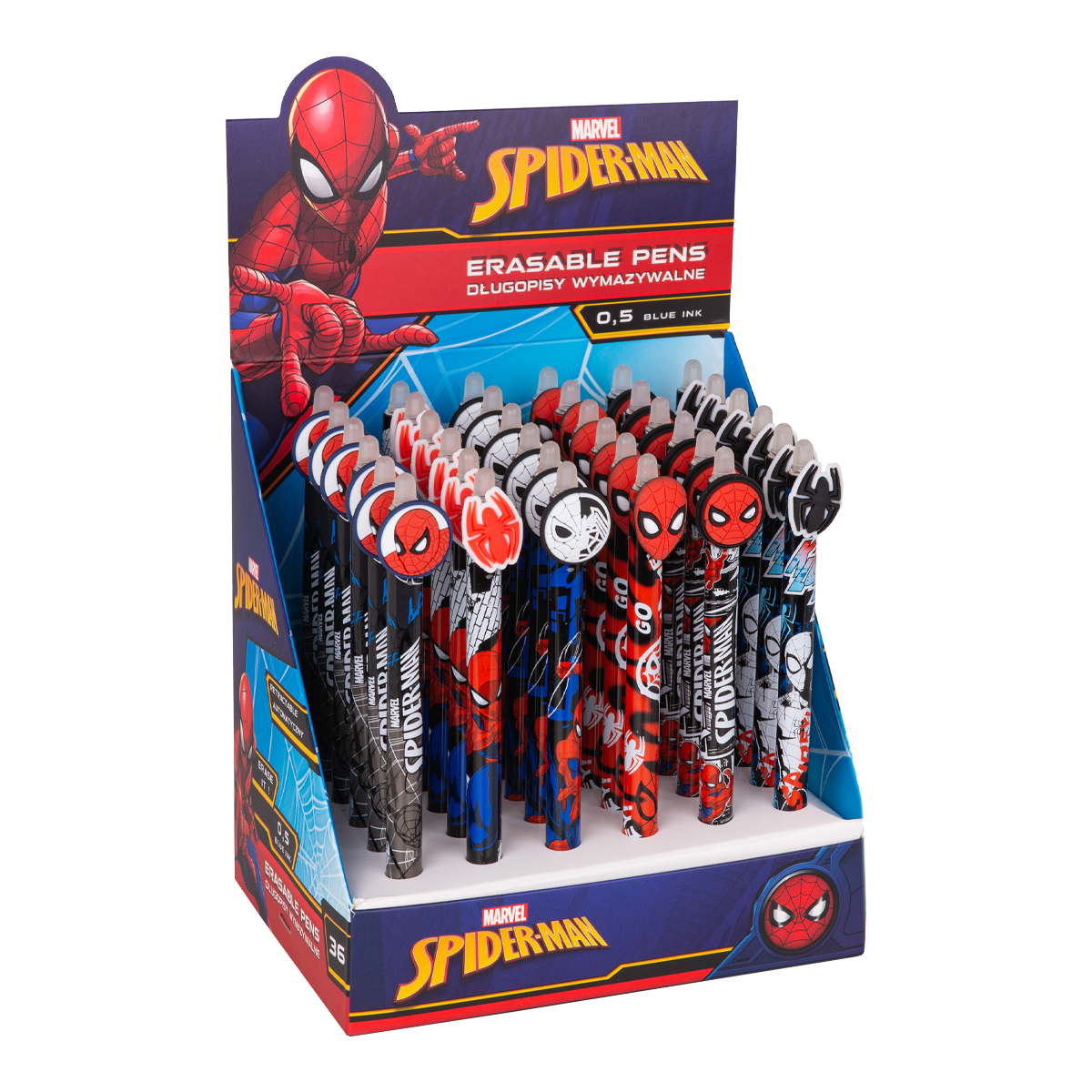 Levně Colorino gumovatelné pero Spiderman, 36 ks, modrá náplň, displej - 36ks