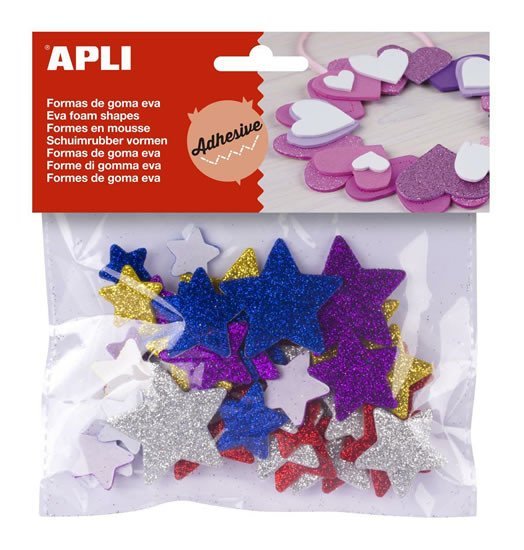 Levně APLI pěnovka tvary - hvězdy se třpytkami samolepicí, mix velikostí, barev 50 ks
