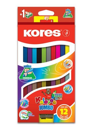 Levně Kores Jumbo DUO trojhranné pastelky 5 mm s ořezávátkem 12 barev + 2 metalické barvy