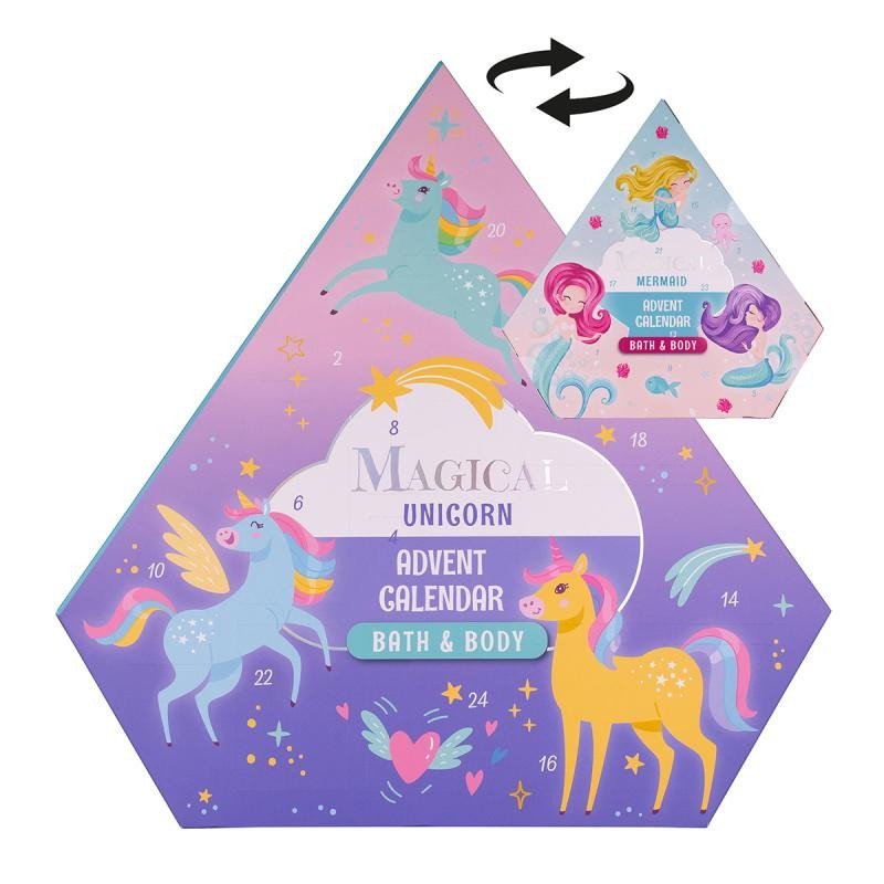 Levně Adventní kalendář MAGICAL UNICORN &amp; MERMAID v krabičce ve tvaru diamantu (oboustranný)