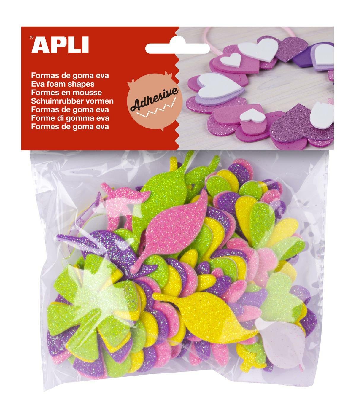 Levně APLI pěnovka tvary - květiny se třpytkami samolepicí -mix velikostí, barev 48 ks