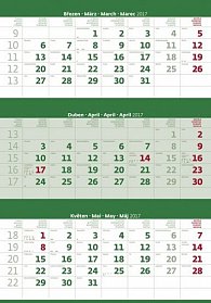 Kalendář nástěnný 2017 - 3měsíční/zelený s jmenným kalendáriem