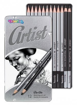 Artist - kreslířská sada grafitových tužek a uhlů kulaté kovový box