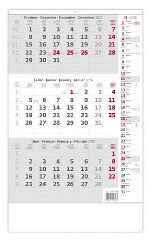 Kalendář nástěnný 2026 - Tříměsíční šedý s poznámkami