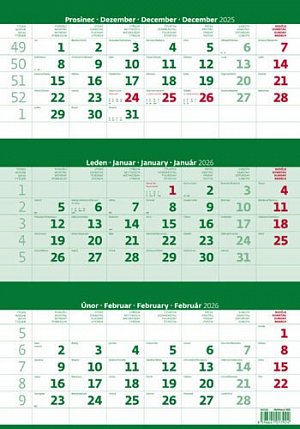 Tříměsíční kalendář zelený 2026 - nástěnný kalendář