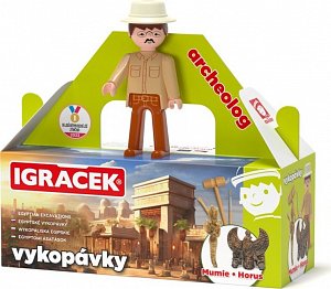 Igráček Archeolog - figurka s egyptskými vykopávkami mumie a sošky boha Hora