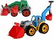 Traktor/nakladač/bagr se 2 lžícemi plast na volný chod 2 barvy v síťce 16x35x16cm