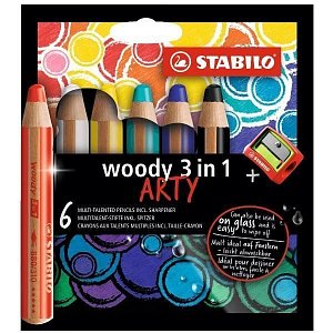 Pastelky STABILO Woody 3in1, sada 6 ks v pouzdru s ořezávátkem "ARTY"