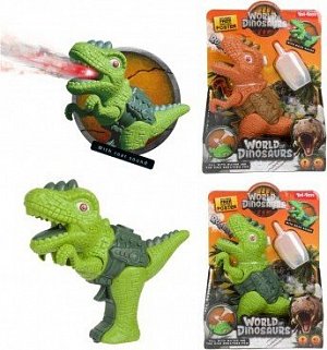 Dinosaurus pistole plast 13x16cm vypouštějící páru na baterie se světlem, zvukem 2 barvy v krabičce