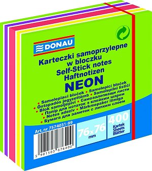 DONAU samolepicí bloček, 76 x 76 mm, 400 listů, mix neonových barev