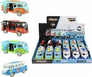 Autobus retro kov/plast 12cm na baterie se zvukem se světlem na zpětné natažení 4 barvy 12ks v boxu