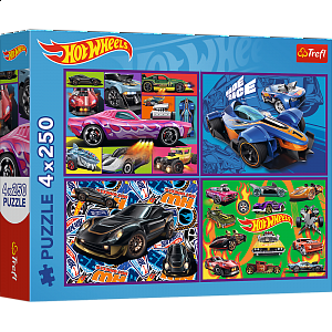 Puzzle 4v1 Závodní auta/Hot wheels 4x250 dílků 33,9x23,9cm v krabici 34x26x6cm