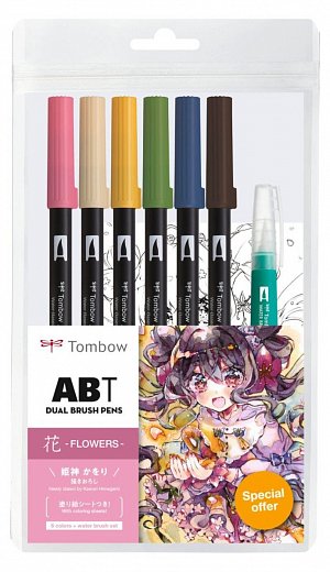 Tombow ABT sada oboustranných fixů Manga Flower 6 ks + vodní štětec