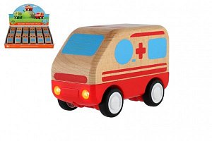 Auto ambulance dřevo 11cm na setrvačník na baterie se světlem, zvukem 12ks v boxu 18m+
