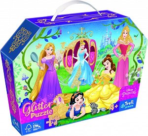 Trefl Puzzle v kufříku Disney: Šťastné princezny 70 dílků, třpytivé