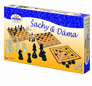 Šachy a dáma - společenská hra / dřevěné figurky a kameny v krabici