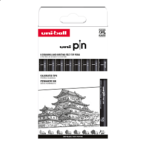 UNI PIN Classic, sada linerů, 8 ks, (0,03 mm/ 0,1 mm/ 0,3 mm/ 0,5 mm/ 0,7 mm/ 0,9 mm/ 1,2 mm/ BR), černá