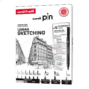 UNI PIN sada Urban Sketching - dárkový box, 8 linerů + SHALAKU mikrotužka, mix barev