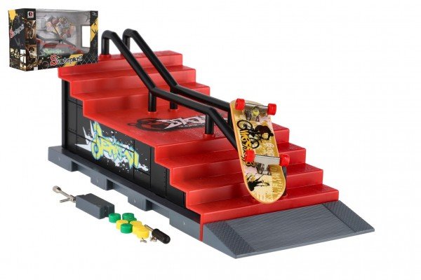 Levně Skatepark - skateboard prstový šroubovací s rampou plast 8cm s doplňky mix druhů v krabici 28x18cm