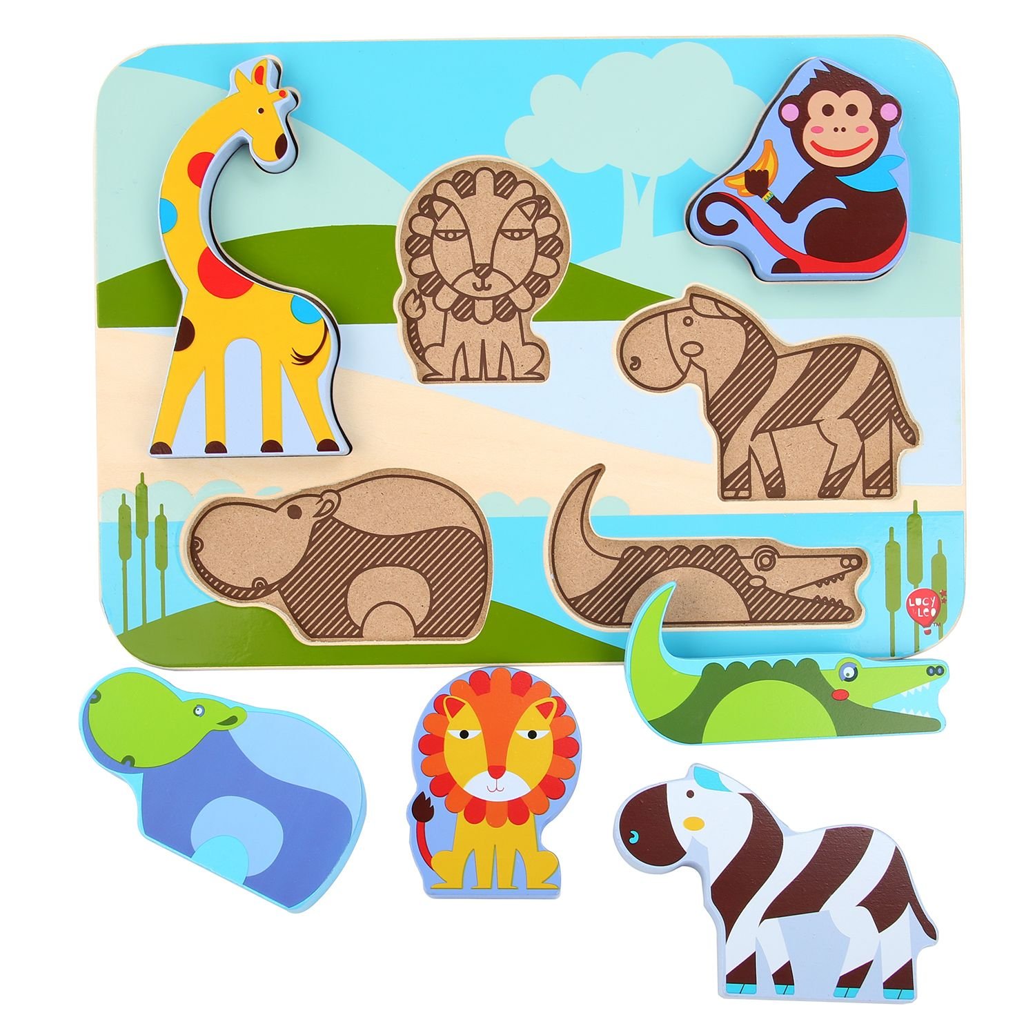 Levně Lucy &amp; Leo 224 Zvířátka ze safari- dřevěné vkládací puzzle 7 dílů