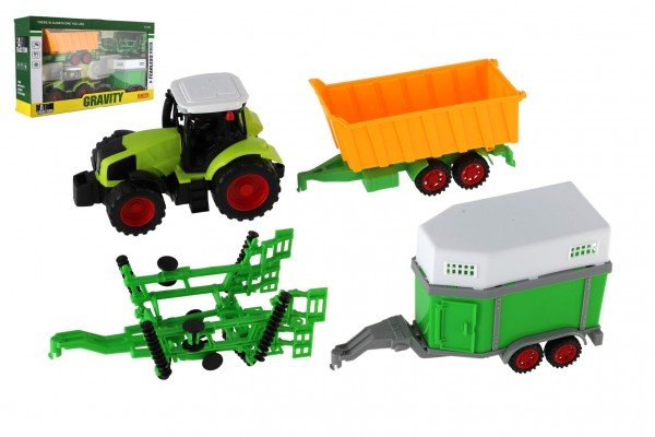 Levně Traktor s vlekem 3ks plast 19cm na setrvačník v krabici 45x26x10cm