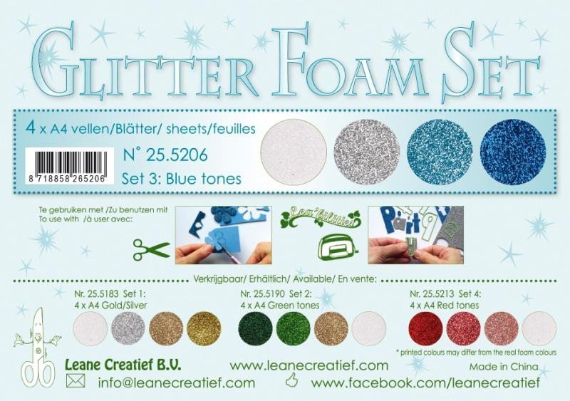 Levně LEANE Speciální pěnová guma na výrobu květin A4 - Glitter modrá, bílá,stříbrná 4 ks
