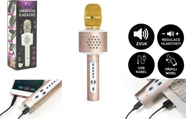 Levně Mikrofon karaoke Bluetooth zlatý na baterie s USB kabelem v krabici 10x28x8,5cm