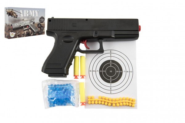Levně Pistole na kuličky 20cm plast + vodní kuličky 6mm,pěnové náboje 3ks,gumové kul. v krabičce 23x15x4cm