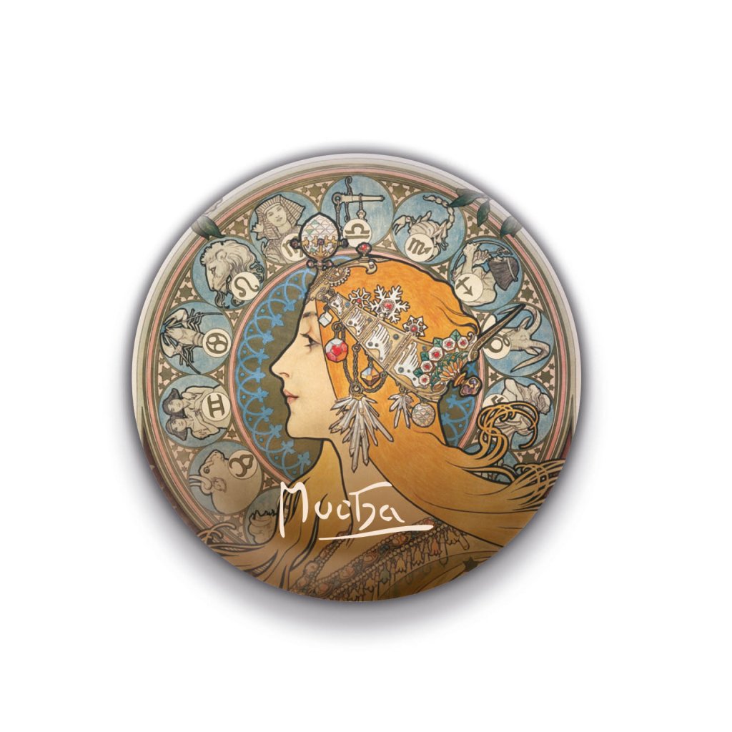 Levně Magnet Alfons Mucha - Zodiak, kulatý, 5 cm