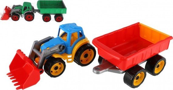 Levně Traktor/nakladač/bagr s vlekem se lžící plast na volný chod 2 barvy v síťce 16x61x16cm