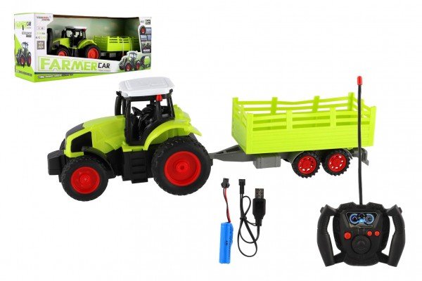 Levně Traktor RC s vlekem plast 38cm 27MHz + dobíjecí pack na baterie v krabici 45x19x13cm